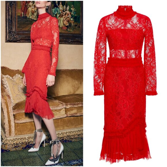 Alexis Anabella Lace Midi Dress in red size XS sheer panels long sleeve 0 2 - Picture 2 of 15